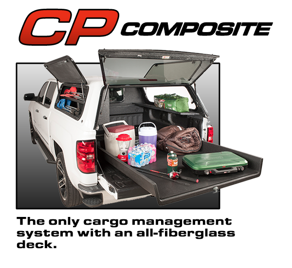 all fiberglass cargo management system slide by Loadmaster storing camping equipment