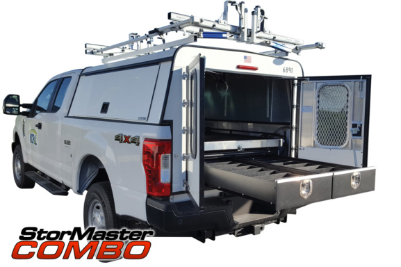 Stormaster combo cargo management system on a commercial pickup truck